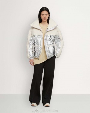 Kurtka Bomberka Damskie Moose Knuckles Elmira Sherpa Bomber Srebrne | PK3572486