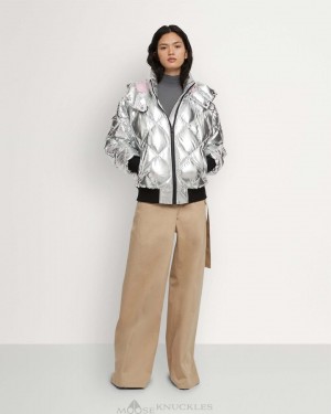 Kurtka Bomberka Damskie Moose Knuckles Flightweight Metallic Bankhead Bomber Srebrne | QS3160257